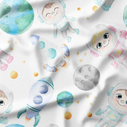 Astronauci rakiety i planety na białym tle