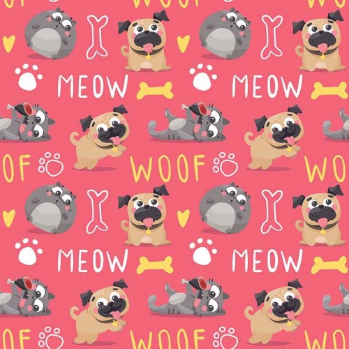 Psy koty i napisy MEOW i WOOF na różowym tle