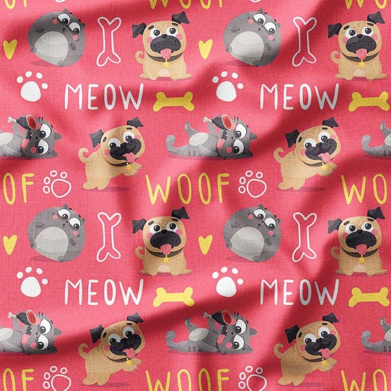 Psy koty i napisy MEOW i WOOF na różowym tle