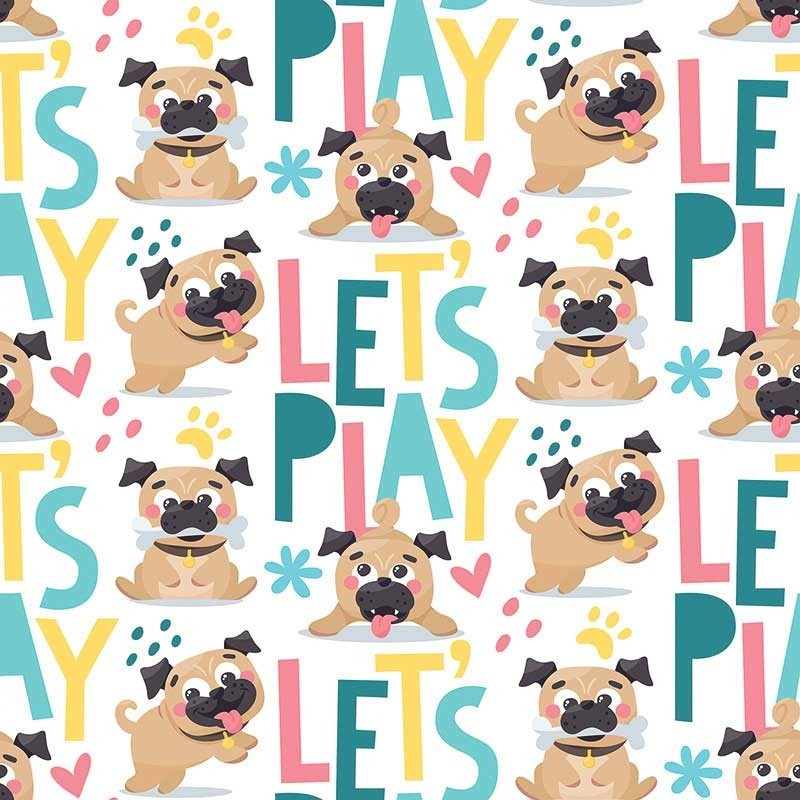Pieski i napisy LET'S PLAY na białym tle