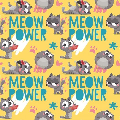 Kotki i napisy MEOW POWER na żółtym tle