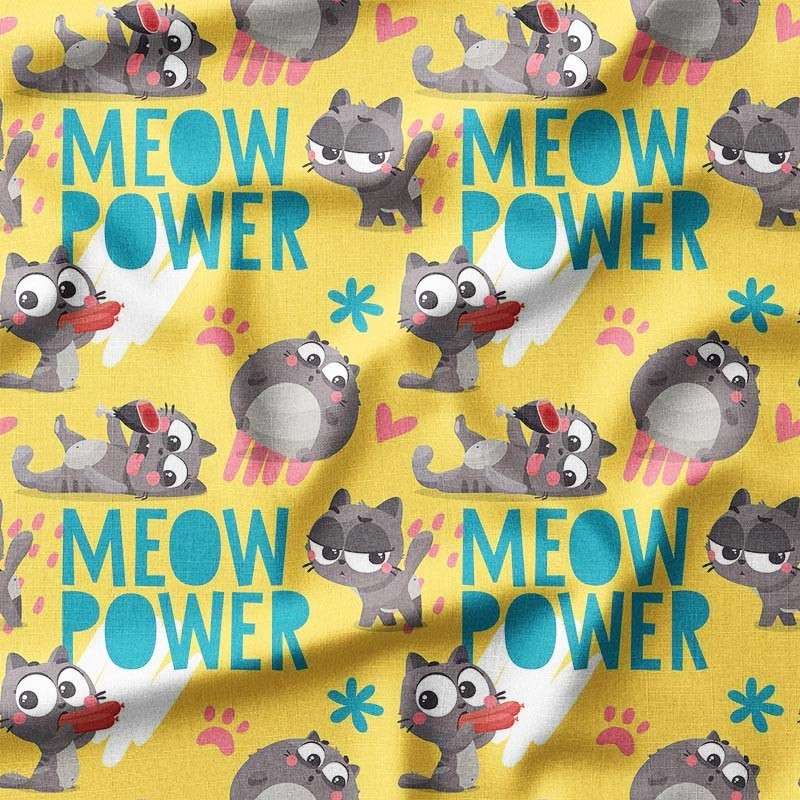 Kotki i napisy MEOW POWER na żółtym tle
