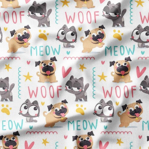 Psy koty i napisy MEOW i WOOF na białym tle