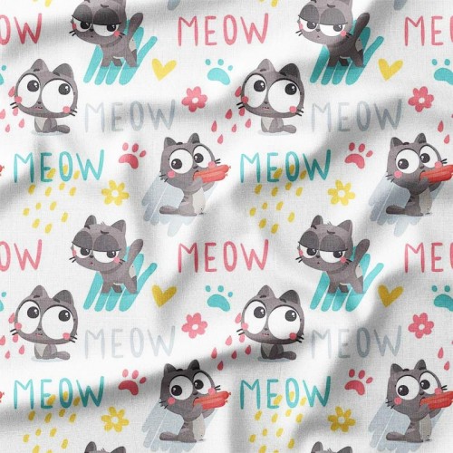 Kotki i napisy MEOW na białym tle