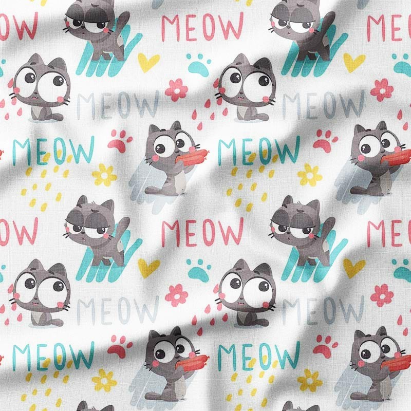 Kotki i napisy MEOW na białym tle