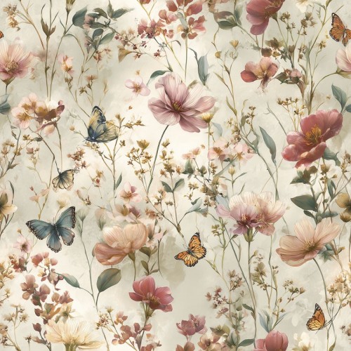 Kwiaty polne, łąka i motyle na kremowym tle