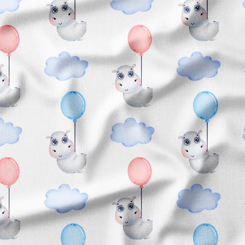 Bawełna satynowa Hipopotamy i balony na białym tle – tkanina drukowana na metry