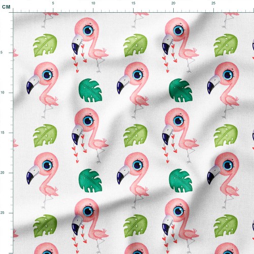 Bawełna satynowa Flamingi i palmowe liście na białym tle – tkanina drukowana na metry