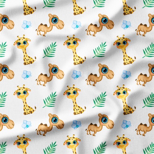 Bawełna satynowa Żyrafy i wielbłądy na białym tle – tkanina drukowana na metry