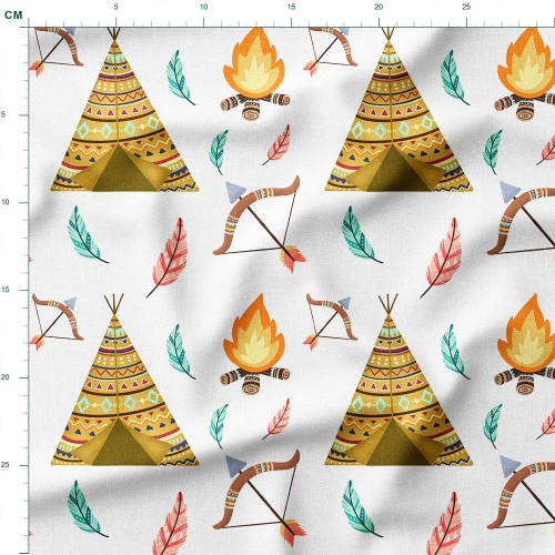 Bawełna satynowa Tipi i ogniska na białym tle – tkanina drukowana na metry