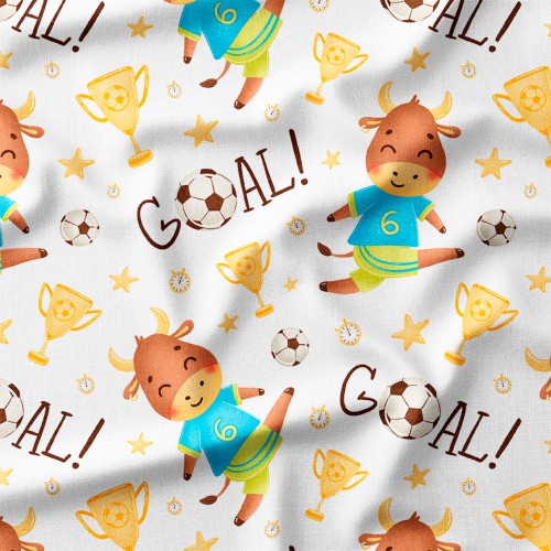 Bawełna satynowa Byki-piłkarze z pucharami i napisami GOAL – tkanina drukowana na metry