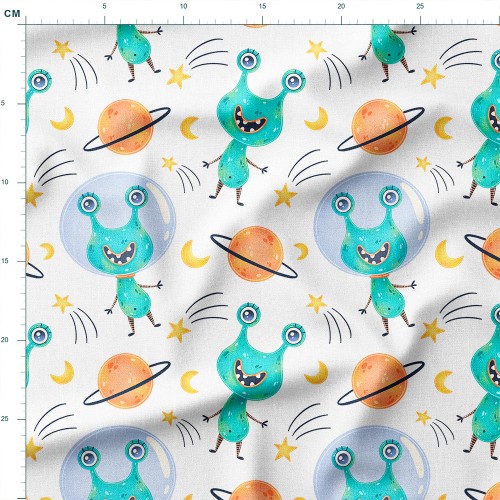 Bawełna satynowa Turkusowi kosmici z planetami i gwiazdami – tkanina drukowana na metry