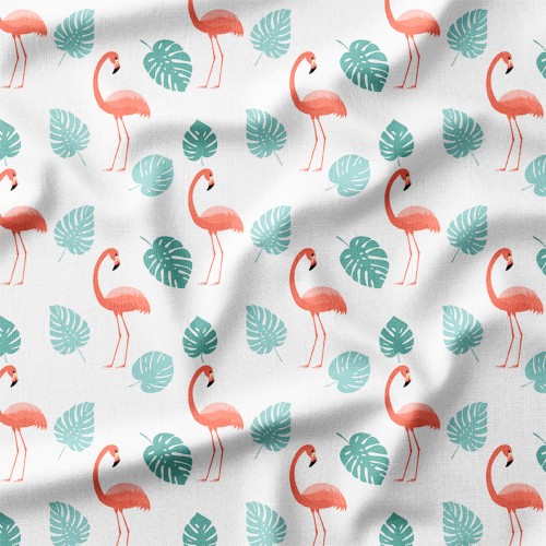 Bawełna satynowa Flamingi i seledynowe liście palmowe – tkanina drukowana na metry