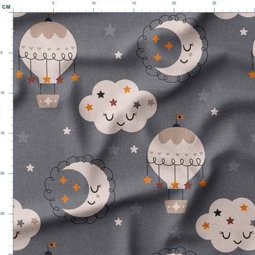 Bawełna satynowa Balony i chmury na szarym tle – tkanina drukowana na metry