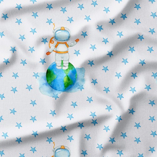 Bawełna satynowa Astronauta i kula ziemska na jasnoszarym tle – tkanina drukowana na metry