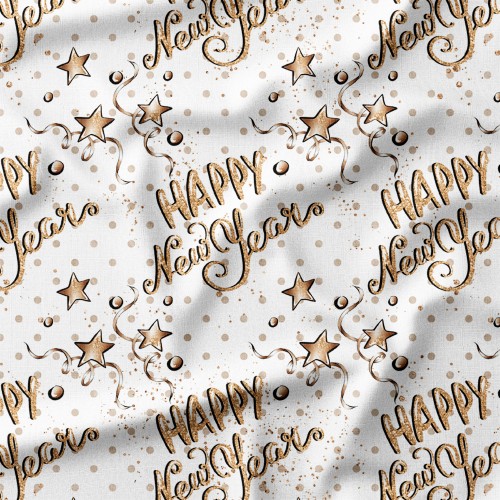 Bawełna satynowa Złote napisy HAPPY NEW YEAR na białym tle – tkanina drukowana na metry