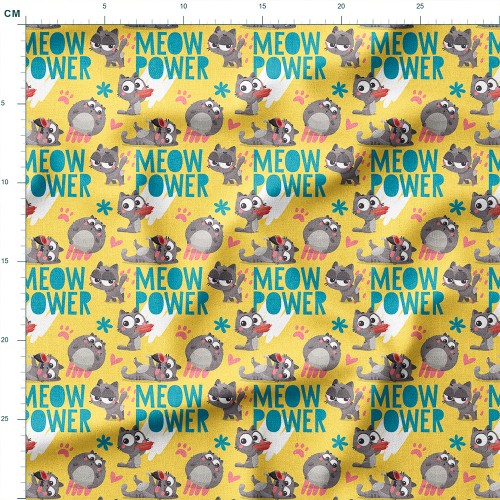 Bawełna satynowa Kotki i napisy MEOW POWER na żółtym tle – tkanina drukowana na metry
