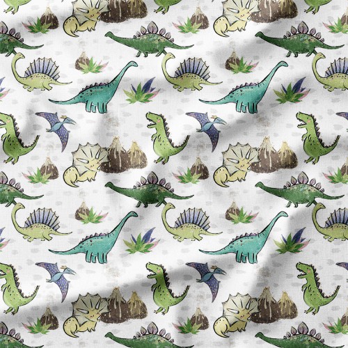 Bawełna satynowa Dinozaury i góry na białym tle – tkanina drukowana na metry