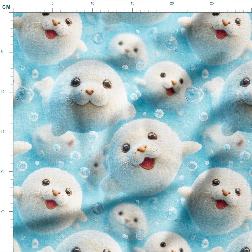 Bawełna satynowa Foczki pod wodą w błękicie z bąbelkami – tkanina drukowana na metry