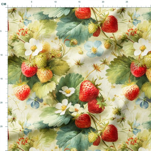 Bawełna satynowa Truskawki i listki w stylu vintage na kremowym tle – tkanina drukowana na metry