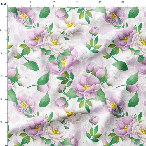 Tkanina bawełniana Liliowe i białe piwonie z zielonymi liśćmi – tkanina drukowana na metry