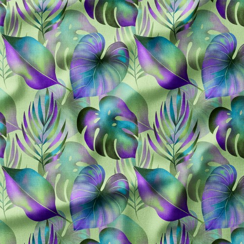 Tkanina bawełniana Fioletowo-zielone liście tropikalne – tkanina drukowana na metry