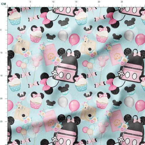Tkanina bawełniana Myszki z walizeczkami i babeczkami na błękicie – tkanina drukowana na metry