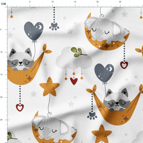 Tkanina bawełniana Śpiące szopy i słoniki w hamakach na księżycu – tkanina drukowana na metry