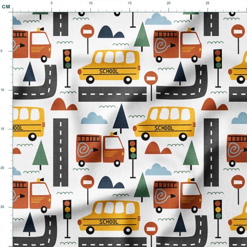 Tkanina bawełniana Autobusy szkolne i wóz strażacki na drodze – tkanina drukowana na metry