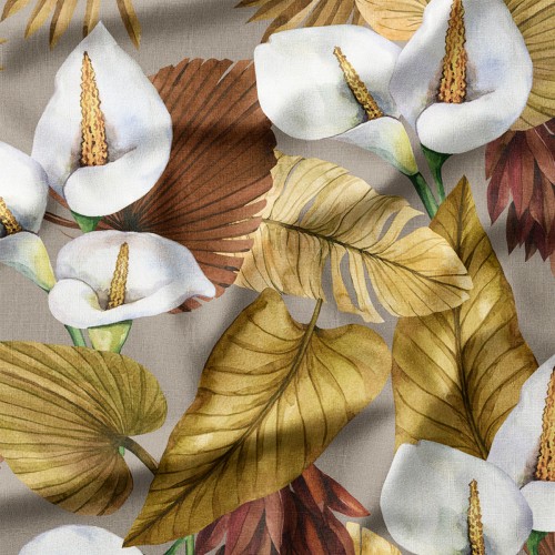 Tkanina bawełniana Kalie i suszone liście palmowe na szarym tle – tkanina drukowana na metry