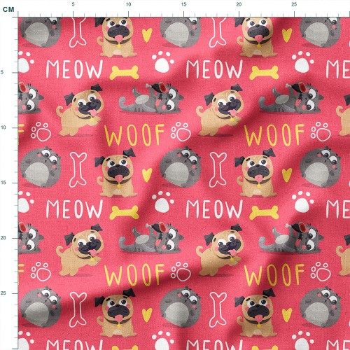 Tkanina bawełniana Mopsy i kotki z napisami Meow i Woof – tkanina drukowana na metry