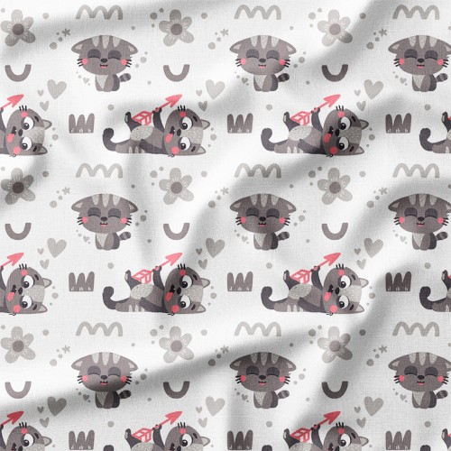 Tkanina bawełniana Szare kotki z różowymi strzałami wśród kwiatków – tkanina drukowana na metry