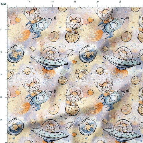 Tkanina bawełniana Liski kosmonauci na rakietach i statkach UFO – tkanina drukowana na metry