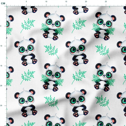 Tkanina bawełniana Pandy z bambusem na białym tle – tkanina drukowana na metry