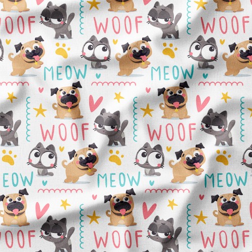 Tkanina bawełniana Kotki i mopsy z napisami Woof i Meow – tkanina drukowana na metry