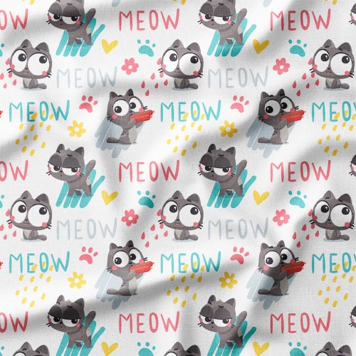 Tkanina bawełniana Szare kotki z parówkami i napisami Meow – tkanina drukowana na metry