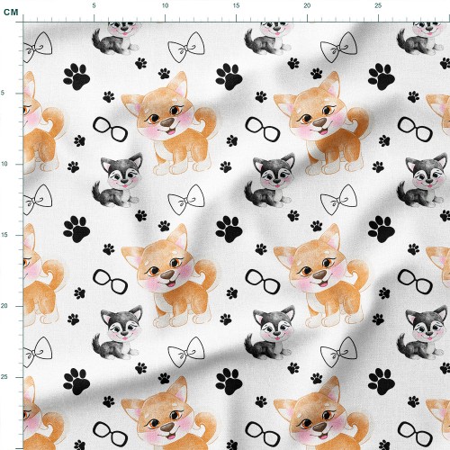 Tkanina bawełniana Szczenięta husky i shiba z łapkami i kokardką – tkanina drukowana na metry