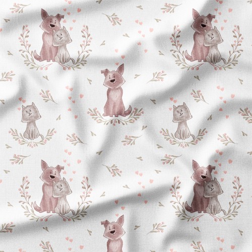 Tkanina bawełniana Piesek i kotek w wiankach z serduszkami – tkanina drukowana na metry
