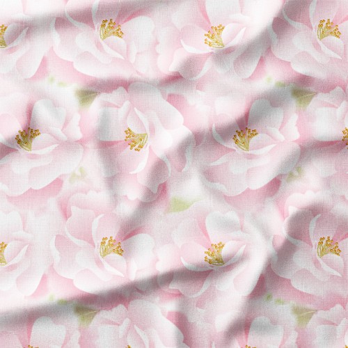 Tkanina bawełniana Różowe kwiaty w zbliżeniu ze złotymi pręcikami – tkanina drukowana na metry