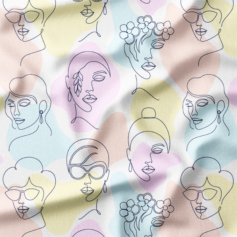 Kobiece twarze line art na pastelowych plamach – bawełna z nadrukiem