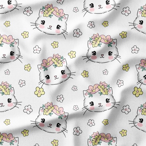 Tkanina bawełniana Kotki w kwiatowych wiankach – tkanina drukowana na metry