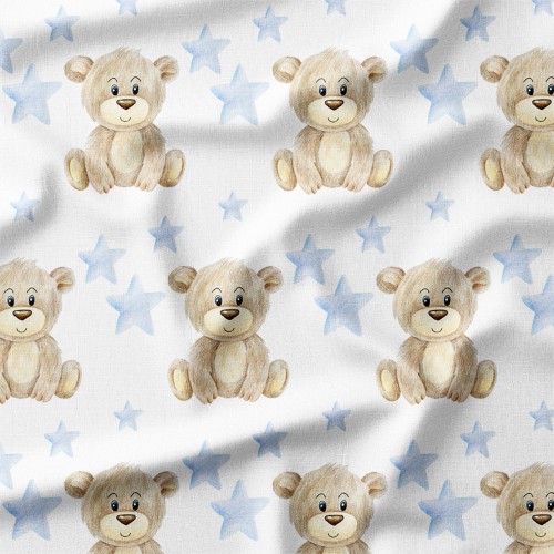 Tkanina bawełniana Pluszowe misie wśród błękitnych gwiazdek – tkanina drukowana na metry