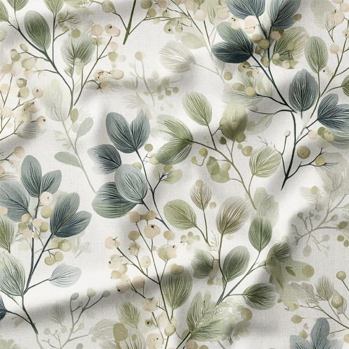 Tkanina bawełniana Szarozielone gałązki z jagodami akwarela – tkanina drukowana na metry