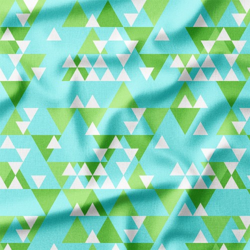 Single Jersey z elastanem Zielone i białe trójkąty na błękicie – dzianina drukowana na metry