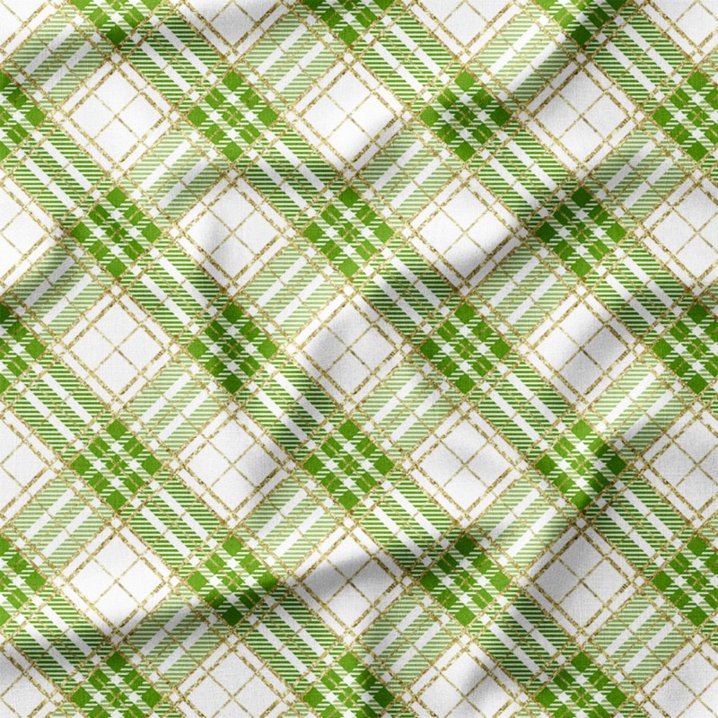 Zielona krata tartan ze złotym konturem – single jersey z nadrukiem