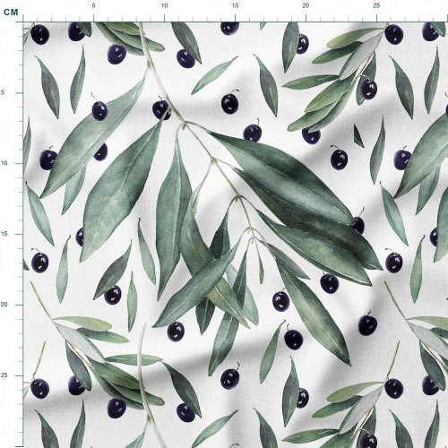 Single Jersey z elastanem Gałązki oliwne z czarnymi oliwkami – dzianina drukowana na metry