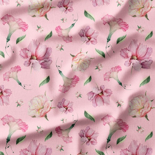 Single Jersey z elastanem Akwarelowe hibiskusy i piwonie na różu – dzianina drukowana na metry