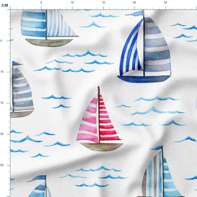 Single Jersey z elastanem Żaglówki w pasy na morskich falach – dzianina drukowana na metry
