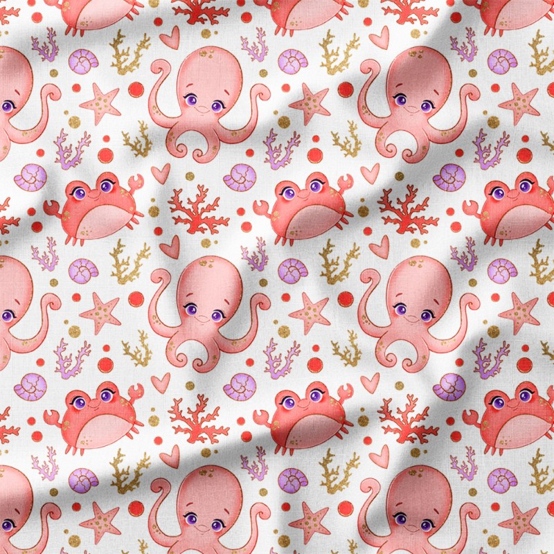 Uśmiechnięte ośmiornice i kraby wśród koralowców – single jersey z nadrukiem