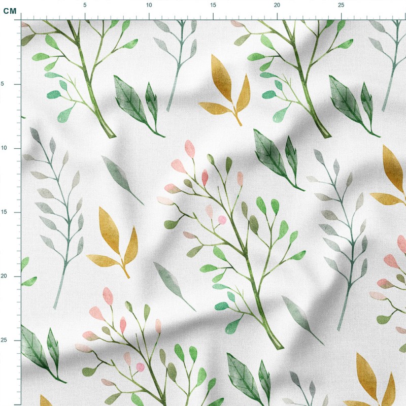 Single Jersey z elastanem Gałązki liści ze złotymi akcentami – dzianina drukowana na metry